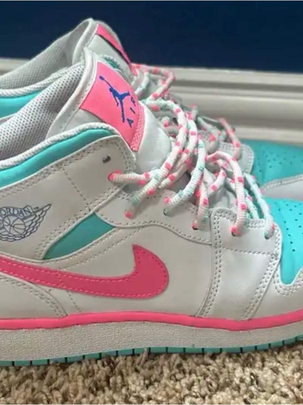 AirJordan Women’s High-Top Sneakers in White, Pink & Teal